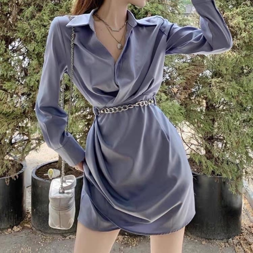 🔥SALE🔥 Long sleeve t-shirt Satin mini Dress with Chain Belt
